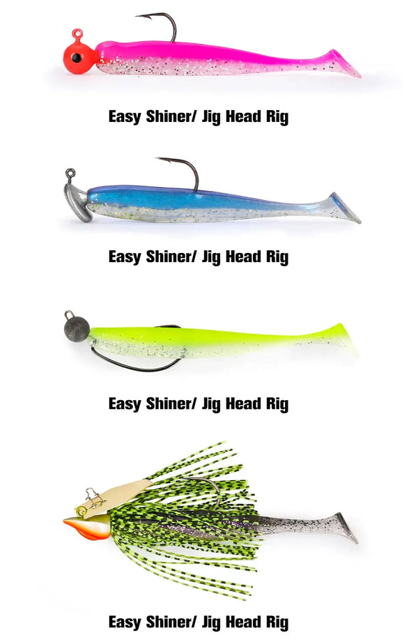 Easy Shiner jig head lures: pink, blue, green, and spotted swimbait-style bodies