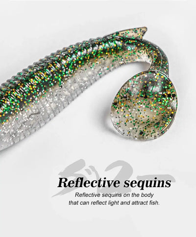 Noeby paddle tail shad swimbait close-up showing reflective glittered scales on body
