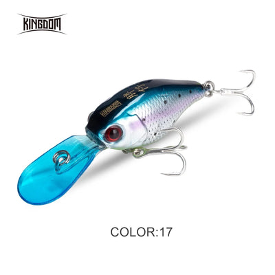 Hard crankbait minnow lure with blue head and dark back, red eye, two treble hooks