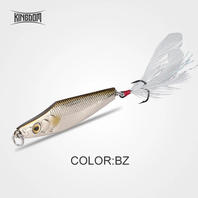 Metal jig lure in bronze and silver with gold eye and white feather tail