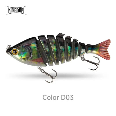 Fishing lure swimbait, rainbow scales, dark back, warm red tail, 3 treble hooks