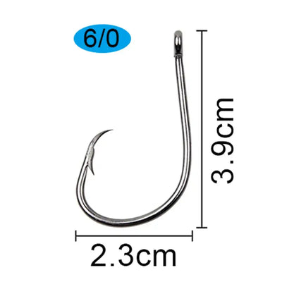 Size 6/0 circle fishing hook, barbed point, dark steel finish, closed eye