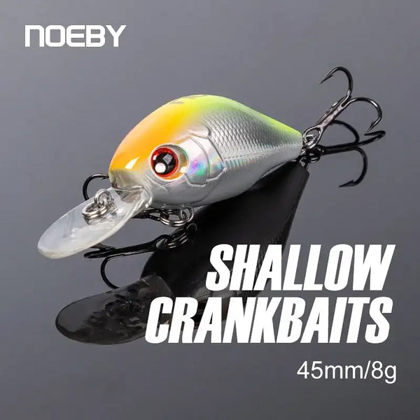 Floating crankbait lure with yellow-green body, red eye, clear lip, treble hooks