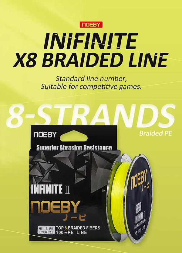 8-strand braided PE fishing line spool and retail box, bright yellow
