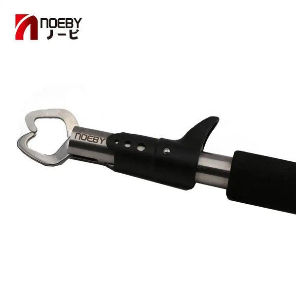 Hook remover pliers with wide silver mouth and black handle with cord loop