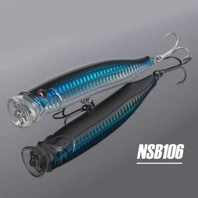 Two topwater feed popper lures, blue stripe finish, treble hooks, NSB106