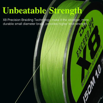 Bright green braided PE fishing line close-up on a spool edge
