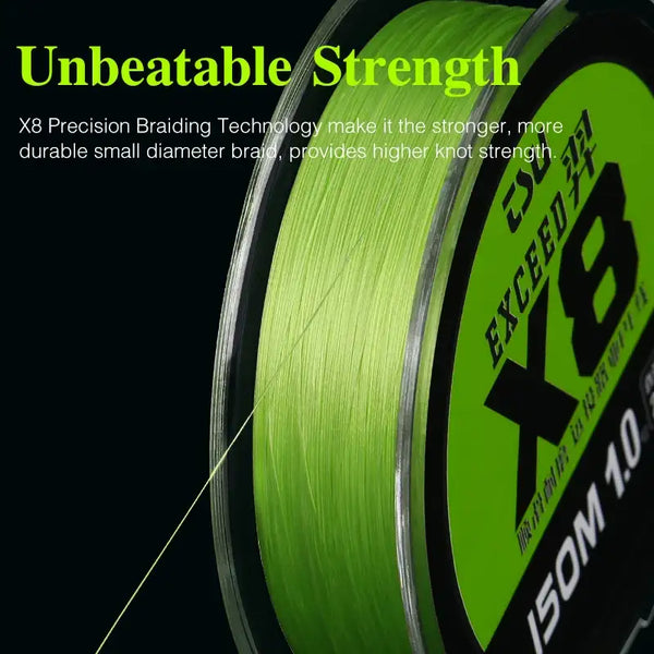 Bright green braided PE fishing line close-up on a spool edge