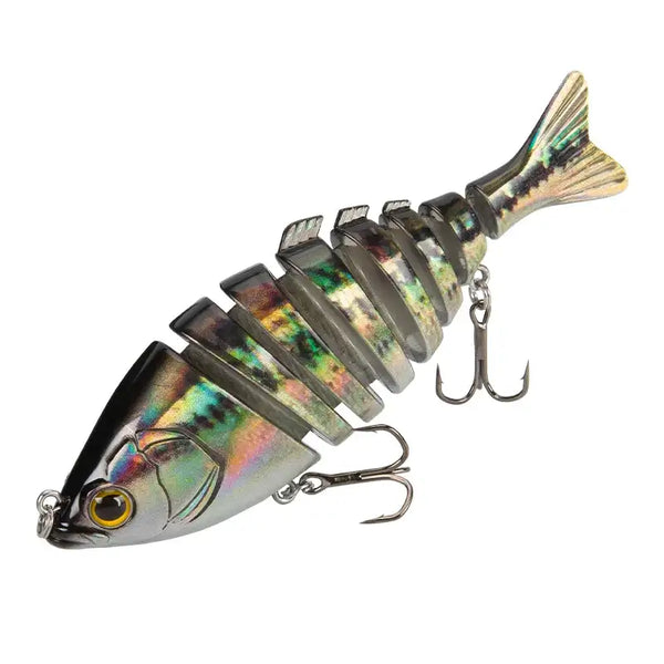 Multi-jointed hard fishing lure, reflective multi-color body with treble hooks