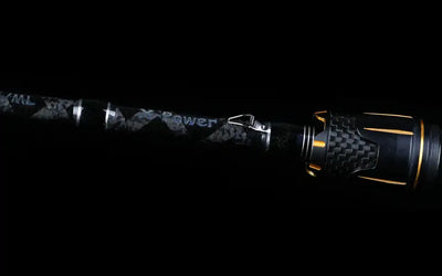 Fishing rod with carbon-textured reel seat and gold accent rings near the grip