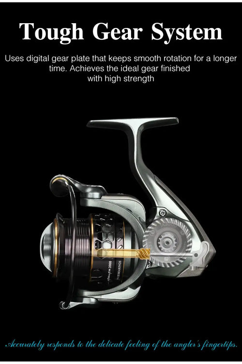 Spinning reel side view with gear system housing, black spool and gold accent