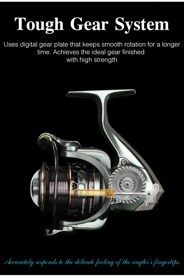Spinning reel side view with gear system housing, black spool and gold accent