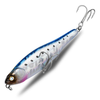Topwater pencil fishing lure with white-blue body and dark spots, treble hooks