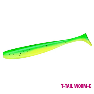Artificial soft T-tail lure, bright lime green with small dark speckles