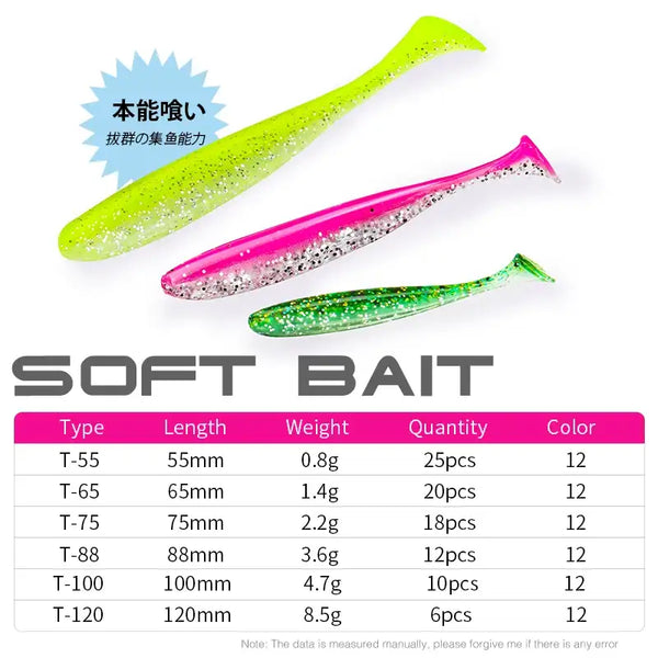 Set of soft T-tail worm lures in green, pink, and orange with glitter-speckled bodies