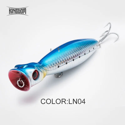Single floating hard fishing lure, blue-and-silver body with red mouth, treble hooks.