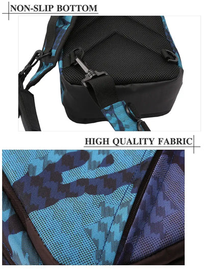 Blue camo fishing tackle bag with textured black bottom and water-resistant fabric