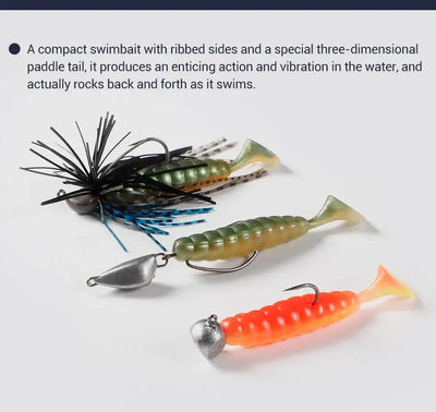 Ribbed silicone swimbait lure with T-tail, multiple colors and jig heads attached