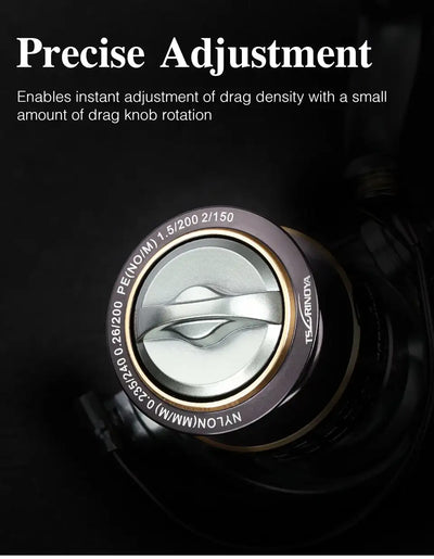 Spinning reel drag dial and black housing with engraved circular emblem