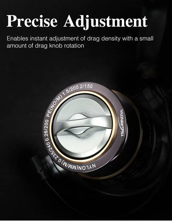 Spinning reel drag dial and black housing with engraved circular emblem