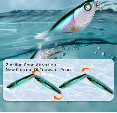 Topwater pencil lure with iridescent blue-green scales and front treble hooks