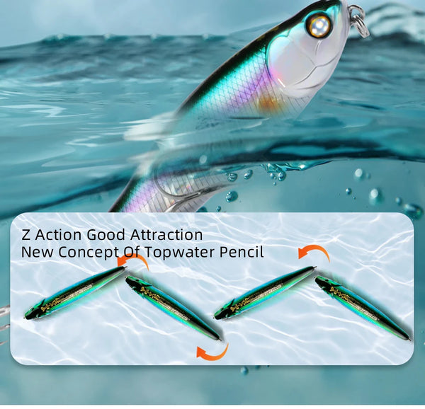 Topwater pencil lure with iridescent blue-green scales and front treble hooks