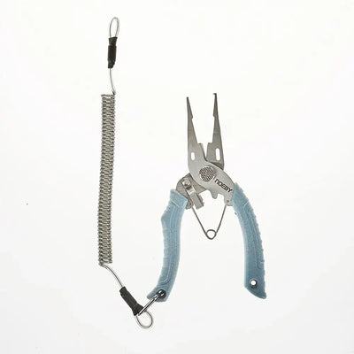 Blue mini split ring pliers with long spring wire and hook attachment, compact size