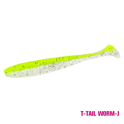 Soft T-tail worm lure, neon chartreuse with silver glitter speckles
