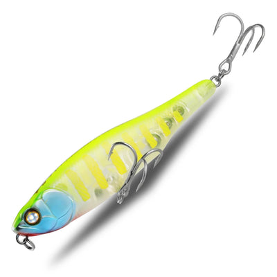 Topwater pencil fishing lure with bright yellow body and blue head, treble hooks
