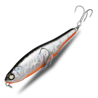 Surface fishing pencil lure with two treble hooks, silver body with orange stripe
