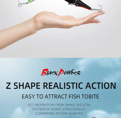 Surface walker fishing lure with hooks, held near a hand