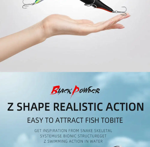 Surface walker fishing lure with hooks, held near a hand