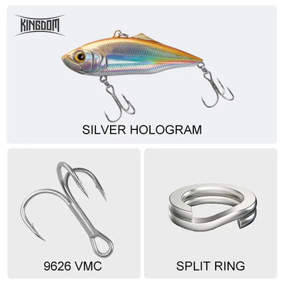 Fishing lure in silver hologram finish with split ring and 9626 VMC treble hooks