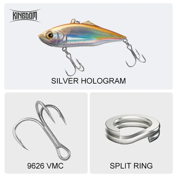 Fishing lure in silver hologram finish with split ring and 9626 VMC treble hooks