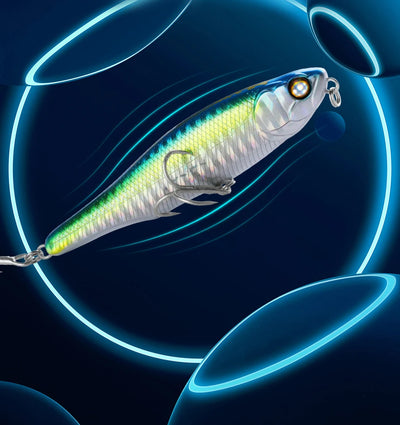 Topwater pencil lure with holographic blue-green body, silver belly, and treble hooks