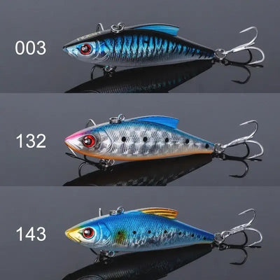 Three-piece sinking crankbait lure set with blue, silver-blue, and teal-blue fish colors
