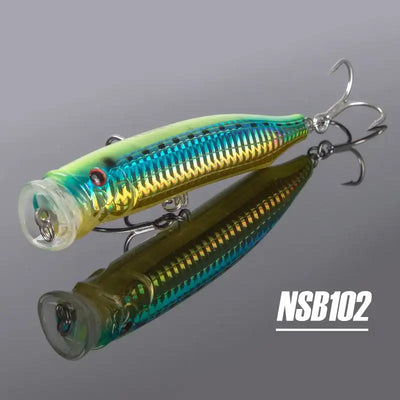 Noeby feed popper topwater lure, green and blue metallic body with treble hooks