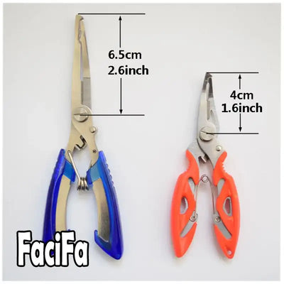 Fishing line cutting pliers set with blue and orange handles, stainless steel jaws