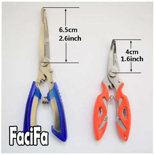 Fishing line cutting pliers set with blue and orange handles, stainless steel jaws