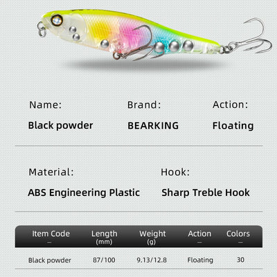 Floating topwater pencil lure with holographic green-yellow-pink finish and treble hooks