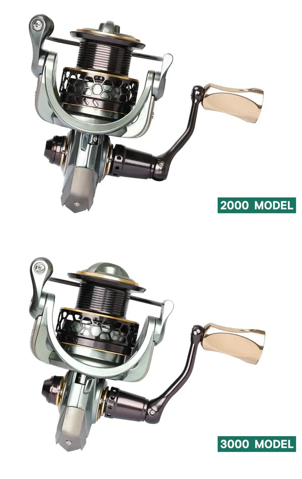 Tsurinoya JAGUAR spinning reel, 2000 model, silver body with gold handle knob