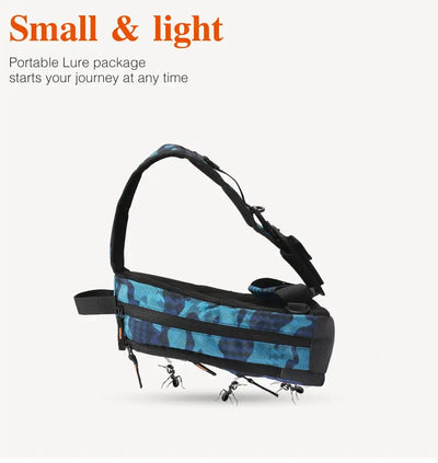Blue camouflage lure storage bag with top handle and adjustable shoulder strap