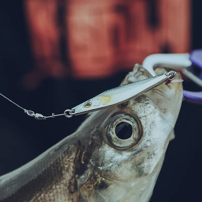 Close-up of a metal jig spoon lure in light gold with treble hook