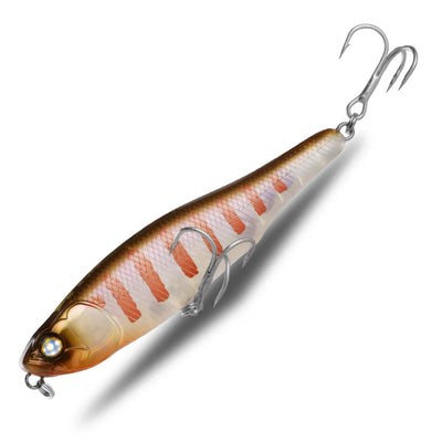 Surface walker pencil fishing lure, brown and white, with treble hooks