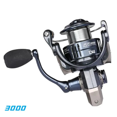 Black spinning reel with silver spool and '3000' size marking on body