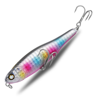 Topwater pencil fishing lure with silver and magenta-blue finish, treble hooks and split ring