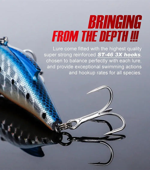 Blue metallic hard crankbait lure with lip and three treble hooks