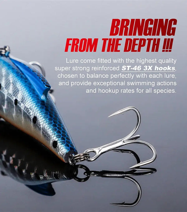 Blue metallic hard crankbait lure with lip and three treble hooks