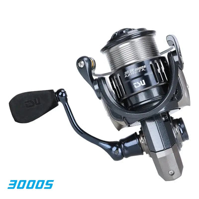Spinning fishing reel, Ranger 3000S, black and silver spool with folding handle