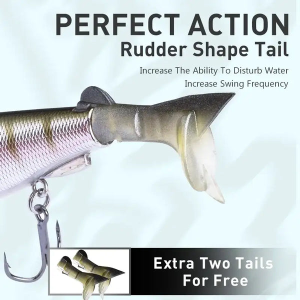 Jointed minnow swimbait tail section with rudder-shaped fin and double hooks
